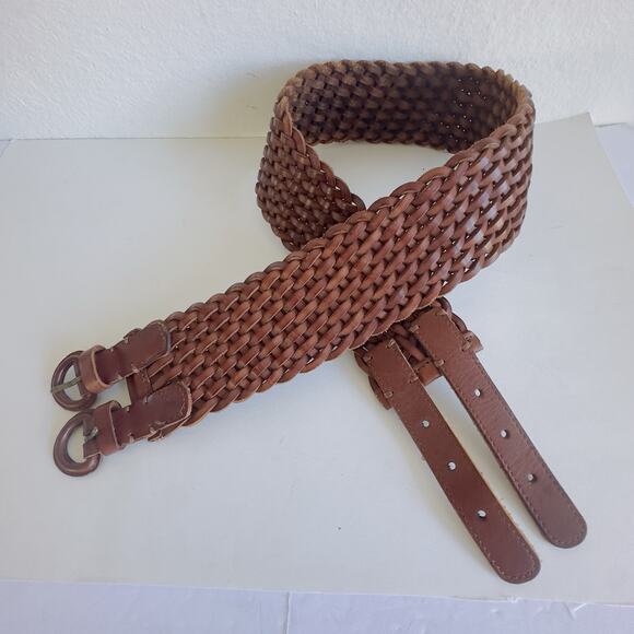Vintage Abercrombie & Fitch Double Buckle Braided Leather Belt M Boho Y2K Brown - Picture 1 of 12